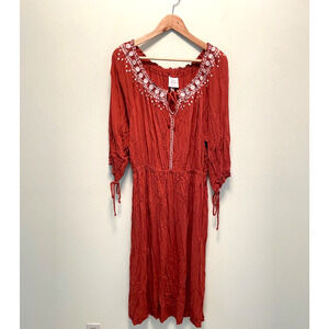 Knox Rose Womens Maxi Dress Size XXL Rust Rayon Floral Embroidered Hippie Boho